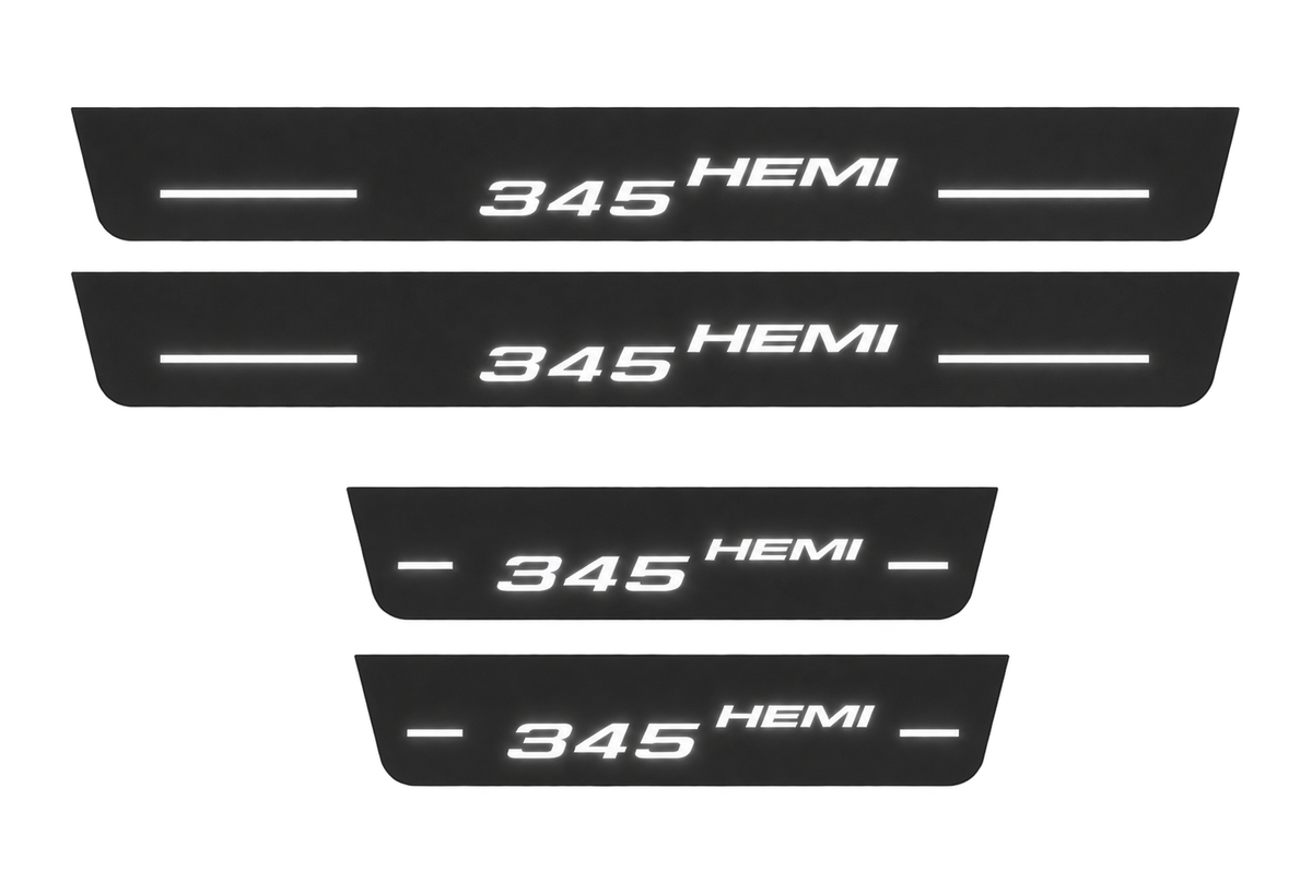 Dodge Durango III 345 HEMI Matte PRO LED door sills, FRONT and REAR four-piece illustration, matte black with white illumination
