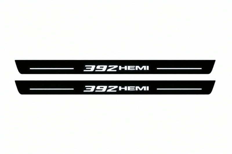 Catalogue illustration of two front black Matte PRO LED door sill plates with illuminated 392 HEMI lettering for Dodge Durango III; dimensions are selected during manufacture.