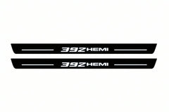 Catalogue illustration of two front black Matte PRO LED door sill plates with illuminated 392 HEMI lettering for Dodge Durango III; dimensions are selected during manufacture.