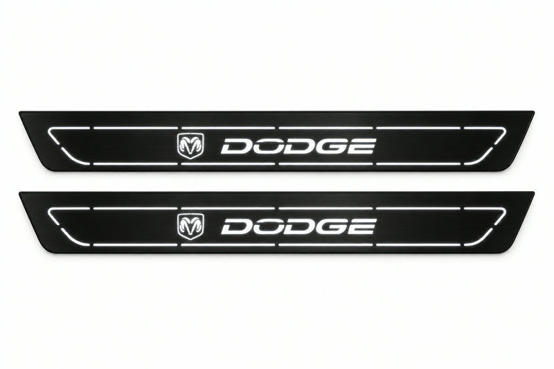 Catalogue illustration of two front black Matte PRO LED door sill plates with illuminated DODGE lettering for Dodge Durango III; dimensions are selected during manufacture.