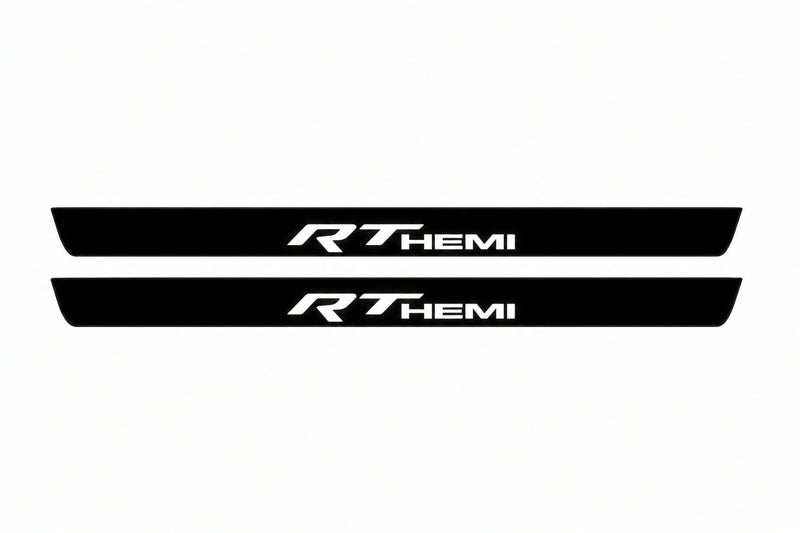Catalogue illustration of two front black Matte PRO LED door sill plates with illuminated RT HEMI lettering for Dodge Durango III; dimensions are selected during manufacture.
