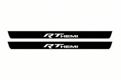 Catalogue illustration of two front black Matte PRO LED door sill plates with illuminated RT HEMI lettering for Dodge Durango III; dimensions are selected during manufacture.