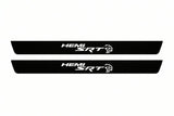 Catalogue illustration of two front black Matte PRO LED door sill plates with illuminated SRT HEMI HELLCAT lettering for Dodge Durango III; dimensions are selected during manufacture.