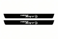 Catalogue illustration of two front black Matte PRO LED door sill plates with illuminated SRT HEMI HELLCAT lettering for Dodge Durango III; dimensions are selected during manufacture.