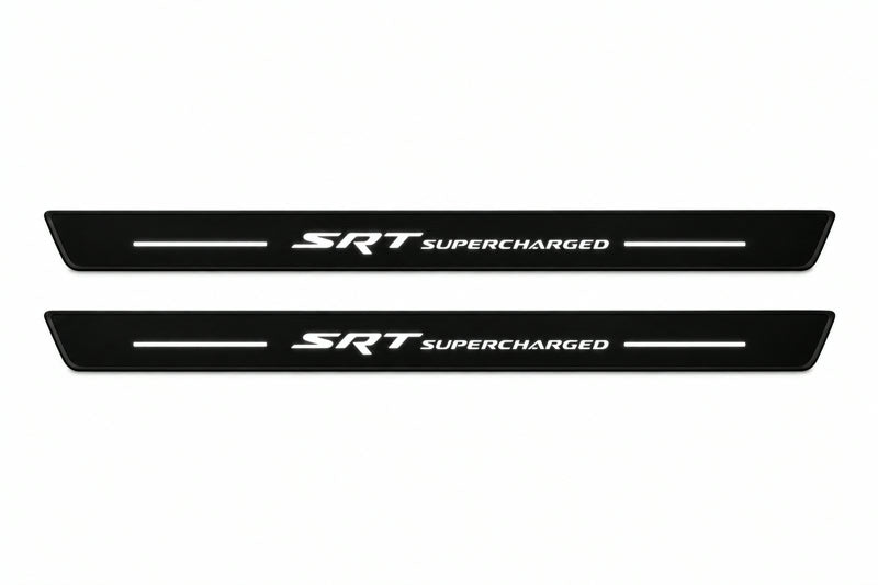Catalogue illustration of two front black Matte PRO LED door sill plates with illuminated SRT Supercharged lettering for Dodge Durango III; dimensions are selected during manufacture.