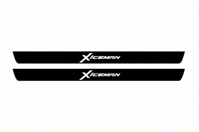 Catalogue illustration of two front black Matte PRO LED door sill plates with illuminated Xiceman lettering for Dodge Durango III; dimensions are selected during manufacture.