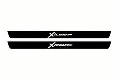 Catalogue illustration of two front black Matte PRO LED door sill plates with illuminated Xiceman lettering for Dodge Durango III; dimensions are selected during manufacture.