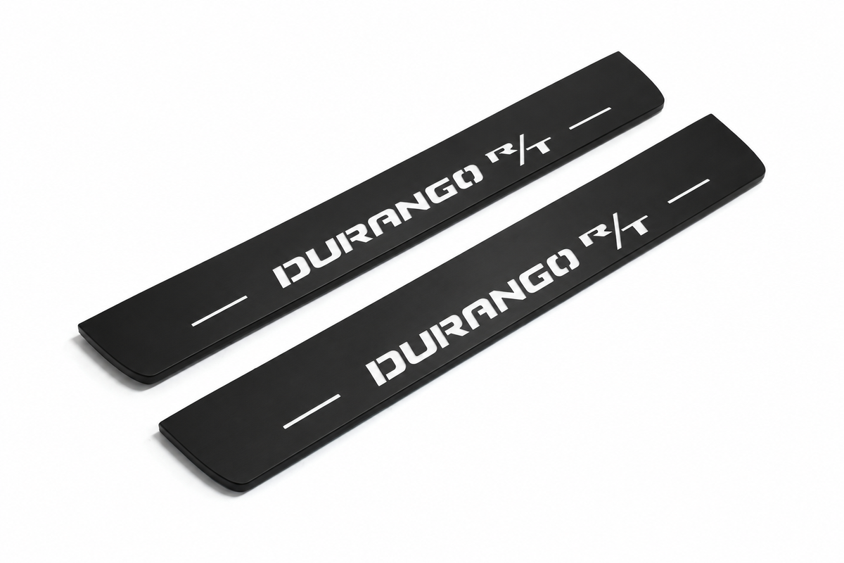 Dodge Durango III Durango R/T Matte PRO LED door sills, FRONT two-piece catalogue illustration, matte black with white illumination