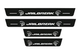 Catalogue illustration of two front and two rear black Matte PRO LED door sill plates with illuminated JAILBREAK Green design for Dodge Durango III; dimensions are selected during manufacture.