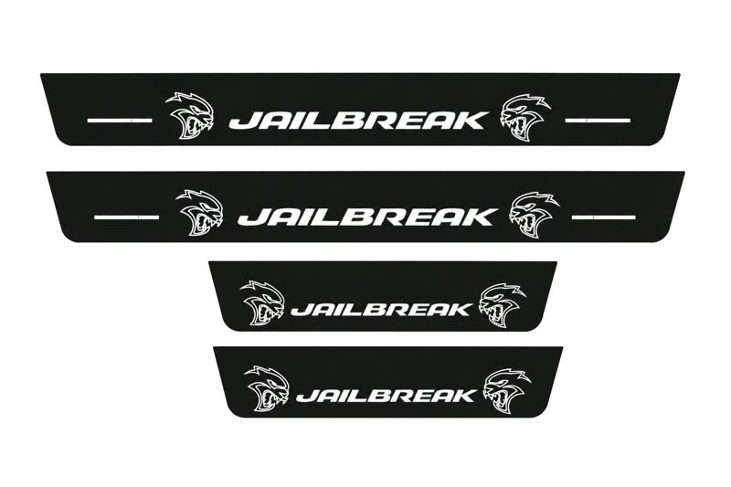 Catalogue illustration of two front and two rear black Matte PRO LED door sill plates with illuminated JAILBREAK Green design for Dodge Durango III; dimensions are selected during manufacture.