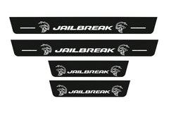Catalogue illustration of two front and two rear black Matte PRO LED door sill plates with illuminated JAILBREAK Green design for Dodge Durango III; dimensions are selected during manufacture.