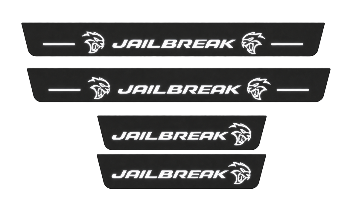 Catalogue illustration showing 4 black Matte PRO LED door sill plates with white Jailbreak Layout A lettering for Dodge Durango III; dimensions are selected during manufacture.