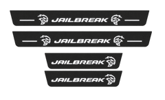 Catalogue illustration showing 4 black Matte PRO LED door sill plates with white Jailbreak Layout A lettering for Dodge Durango III; dimensions are selected during manufacture.