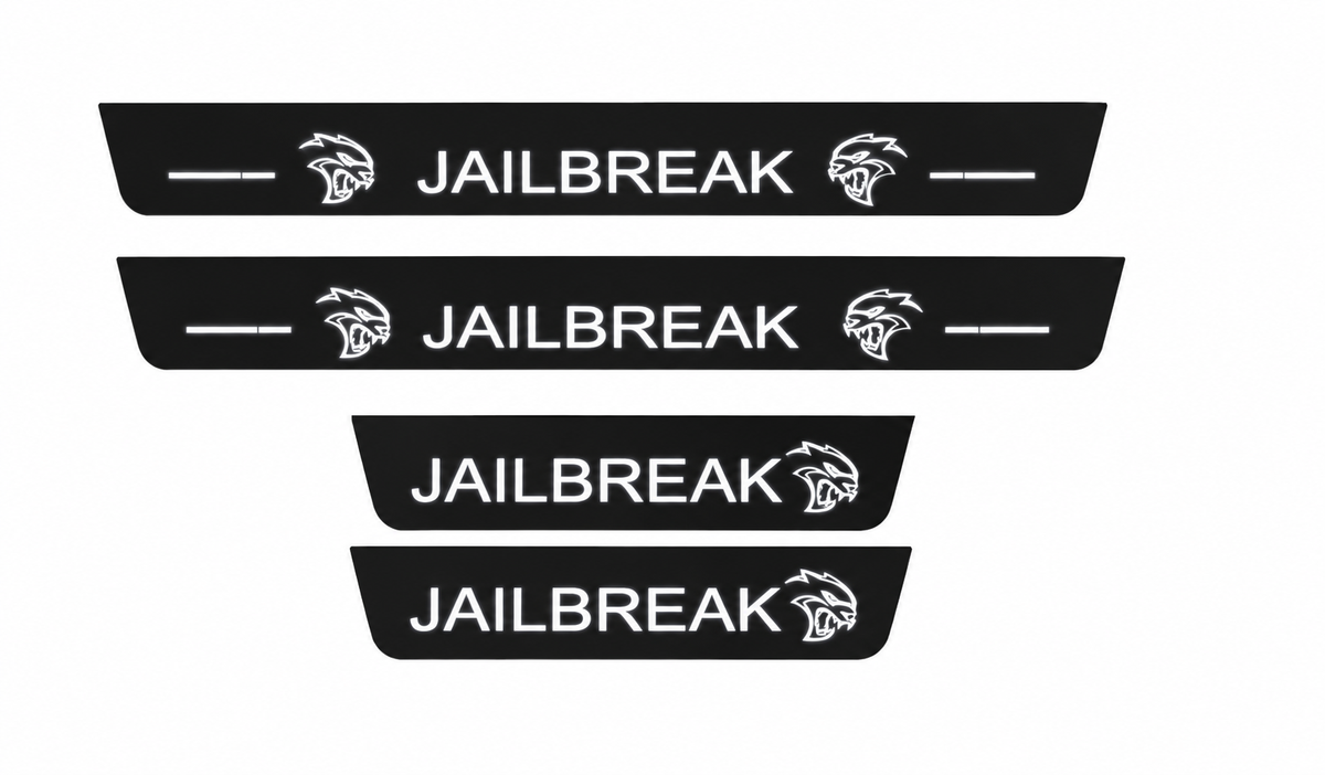 Catalogue illustration showing 4 black Matte PRO LED door sill plates with white Jailbreak Layout B lettering for Dodge Durango III; dimensions are selected during manufacture.