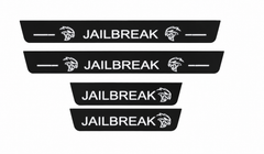 Catalogue illustration showing 4 black Matte PRO LED door sill plates with white Jailbreak Layout B lettering for Dodge Durango III; dimensions are selected during manufacture.