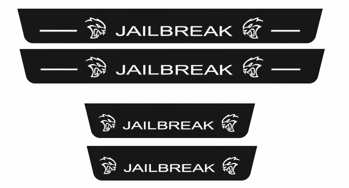 Catalogue illustration showing 4 black Matte PRO LED door sill plates with white Jailbreak Layout C lettering for Dodge Durango III; dimensions are selected during manufacture.