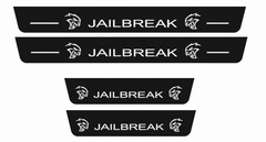 Catalogue illustration showing 4 black Matte PRO LED door sill plates with white Jailbreak Layout C lettering for Dodge Durango III; dimensions are selected during manufacture.