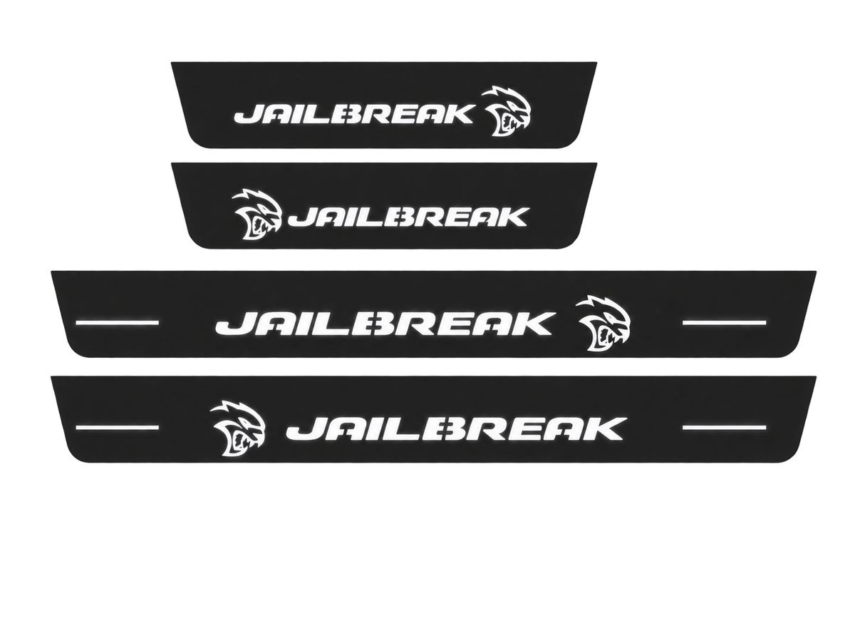 Catalogue illustration showing 4 black Matte PRO LED door sill plates with white Jailbreak Layout D lettering for Dodge Durango III; dimensions are selected during manufacture.