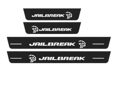 Catalogue illustration showing 4 black Matte PRO LED door sill plates with white Jailbreak Layout D lettering for Dodge Durango III; dimensions are selected during manufacture.