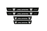 Catalogue illustration of two front and two rear flat black Matte PRO LED door sill plates with illuminated JAILBREAK SKULL design for Dodge Durango III; dimensions are selected during manufacture.
