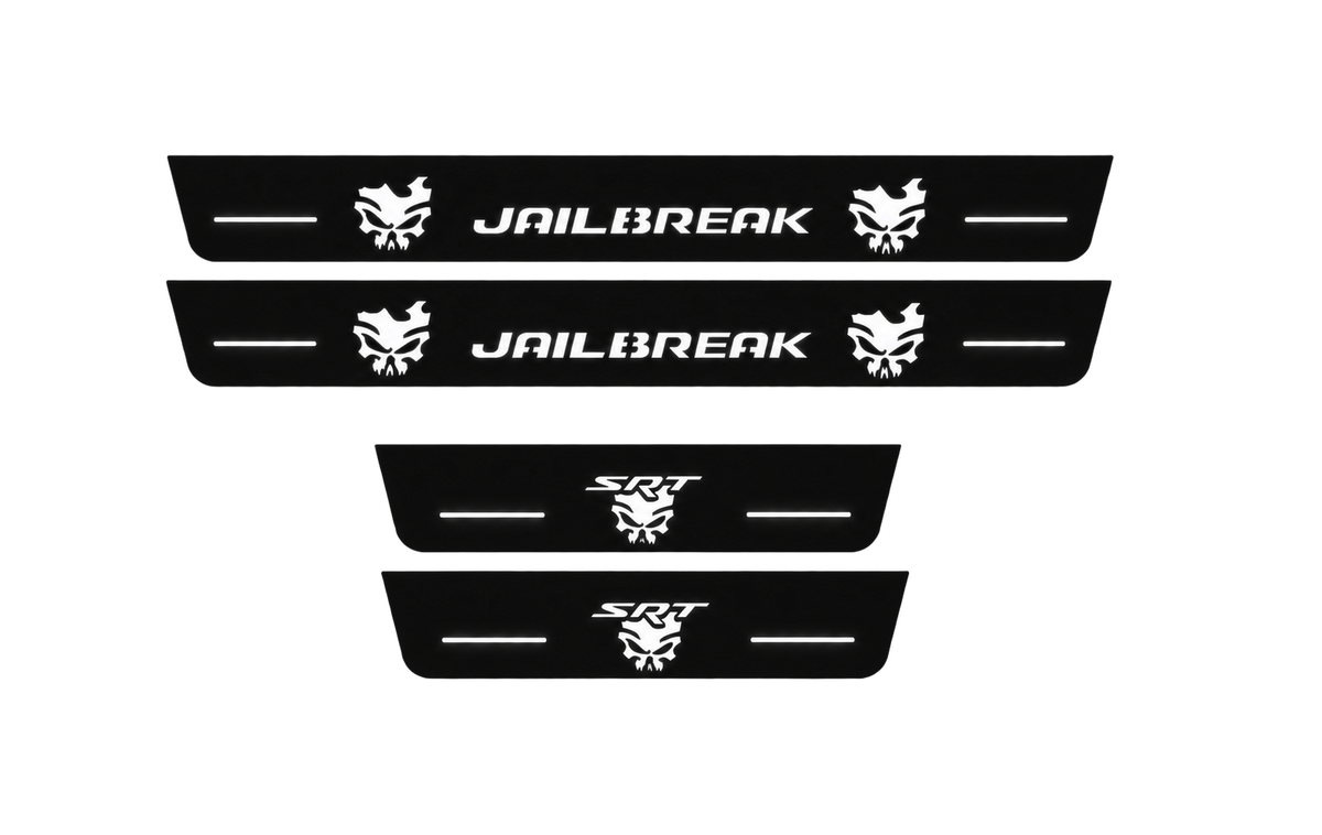 Catalogue illustration showing 4 black Matte PRO LED door sill plates with white Jailbreak Skull Type 2 lettering for Dodge Durango III; dimensions are selected during manufacture.