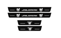 Catalogue illustration showing 4 black Matte PRO LED door sill plates with white Jailbreak Skull Type 2 lettering for Dodge Durango III; dimensions are selected during manufacture.