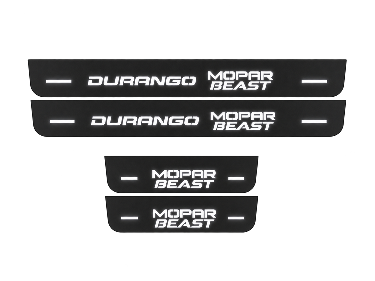 Dodge Durango III MOPAR BEAST Type 3 Matte PRO LED door sills, FRONT and REAR four-piece illustration, matte black with white illumination