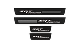 Catalogue illustration of two front and two rear flat black Matte PRO LED door sill plates with illuminated SRT POWERED design for Dodge Durango III; dimensions are selected during manufacture.
