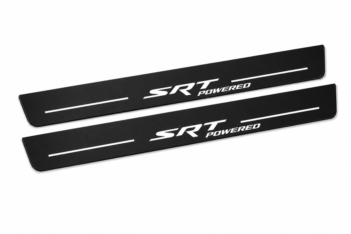 Dodge Durango III SRT POWERED Matte PRO LED door sills, FRONT two-piece catalogue illustration, matte black with white illumination