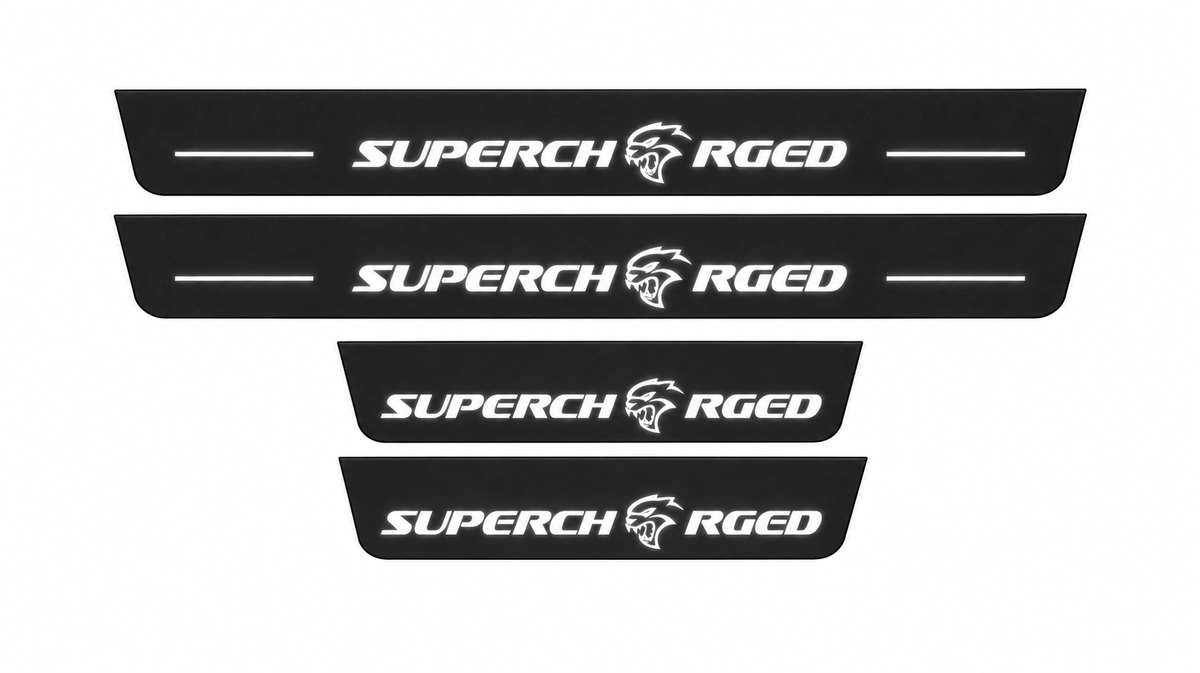 Dodge Durango III Supercharged Matte PRO LED door sills, FRONT and REAR four-piece illustration, matte black with white illumination