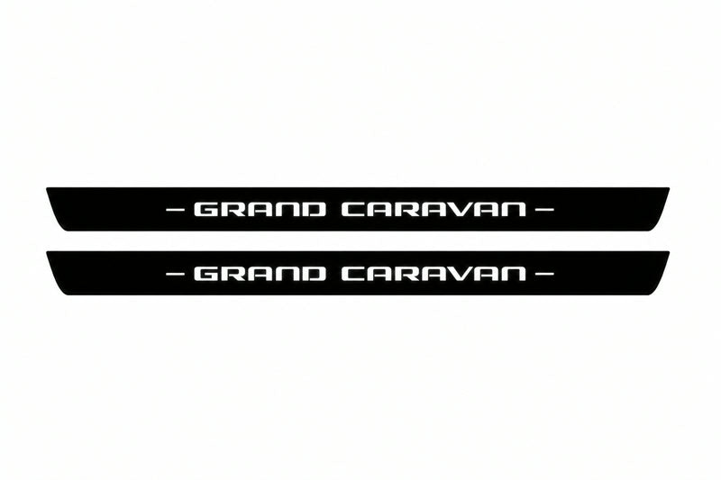 Catalogue illustration of two front black Matte PRO LED door sill plates with illuminated Grand Caravan lettering for Dodge Grand Caravan; dimensions are selected during manufacture.