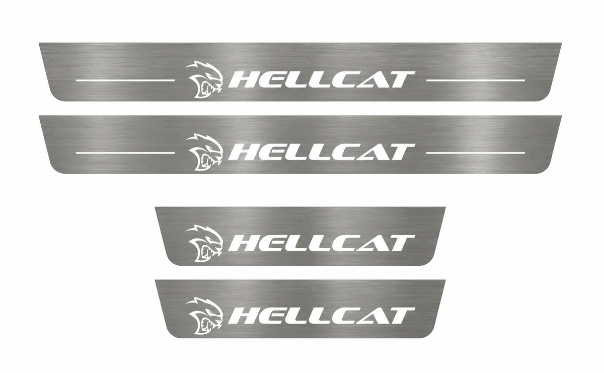 Day visualization of exact four-piece HELLCAT Type2 Stainless set, two long and two short, white artwork on brushed stainless.