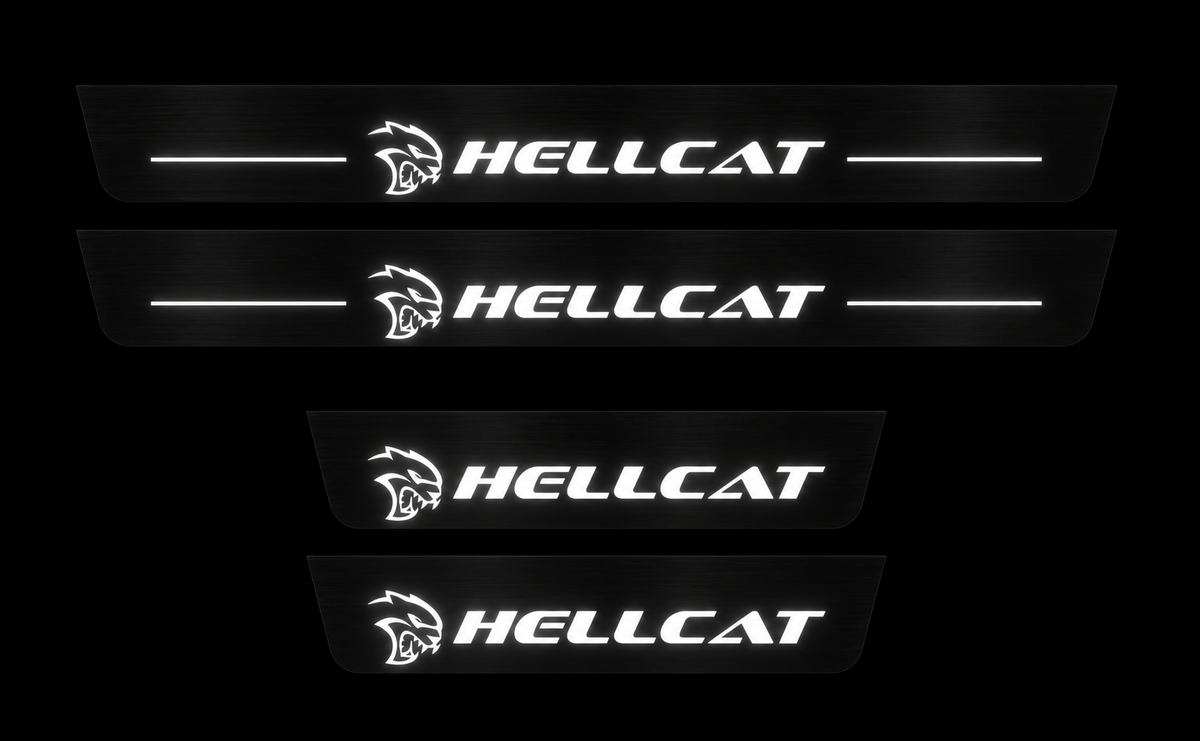 Night visualization of source-matched four-piece HELLCAT Type2 Stainless set, two long and two short, white cat heads, HELLCAT lettering and four bars.