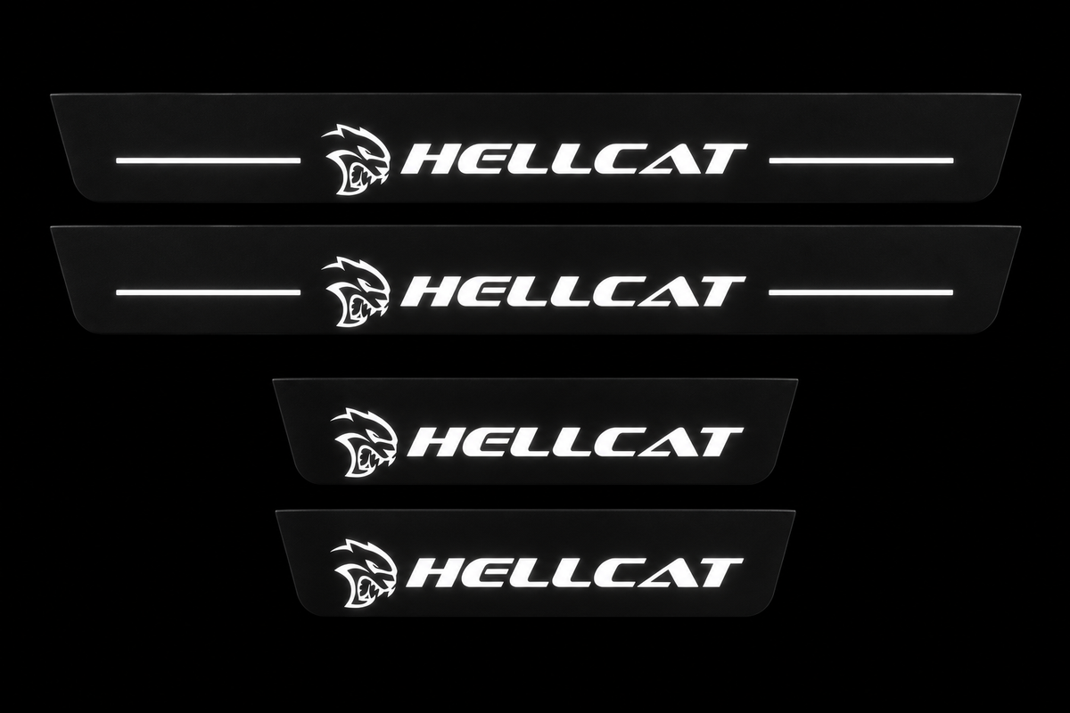 Four HELLCAT Type 2 Matte PRO door sill plates; two long and two short, exact white artwork and long-pair bars, physical edges unlit.