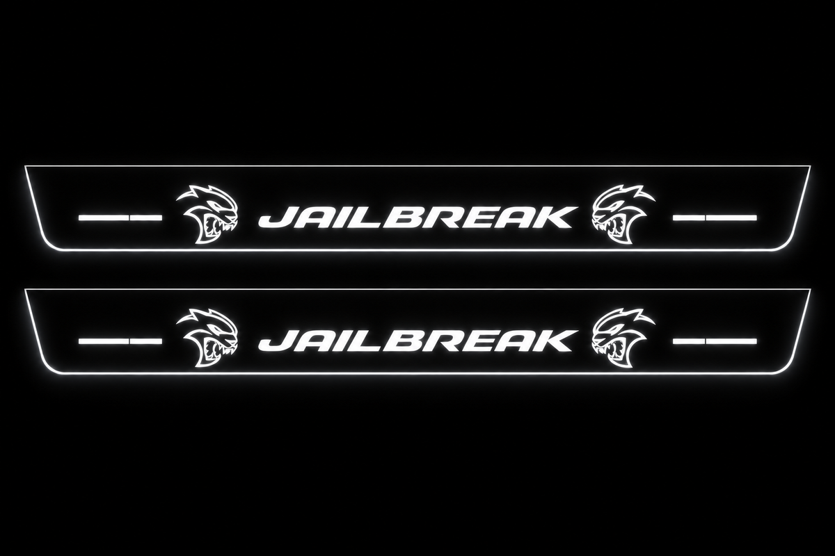 Product visualization: exactly two flat Stainless Front plates with original italic JAILBREAK, paired facing outline Hellcat heads and divided horizontal bars; white LED artwork and intended edges on black. Not an installation photograph.
