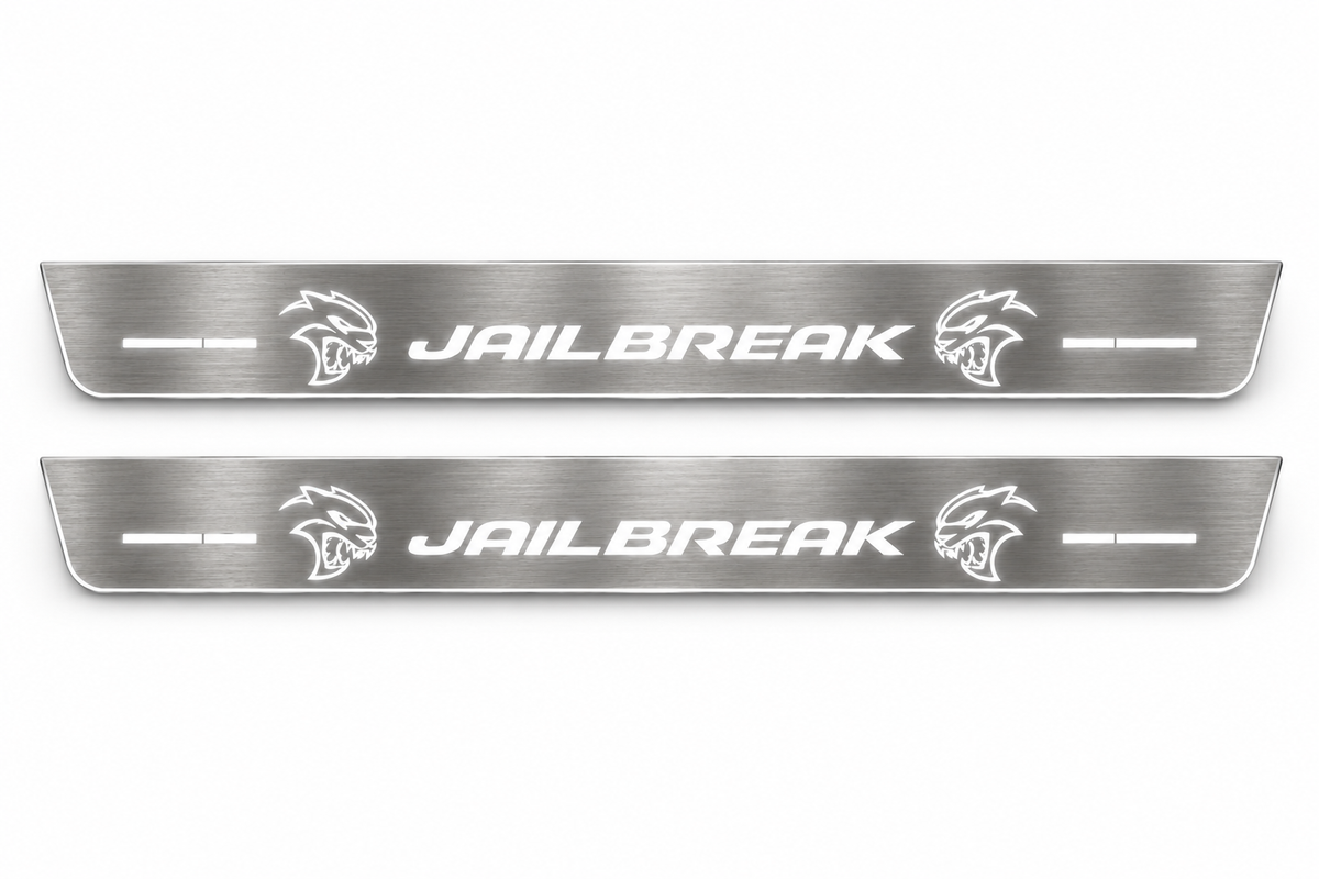 Product visualization: matching exact two long brushed Stainless JAILBREAK Front plates with paired outline Hellcat heads and divided light bars, white background. Not an installation photograph.