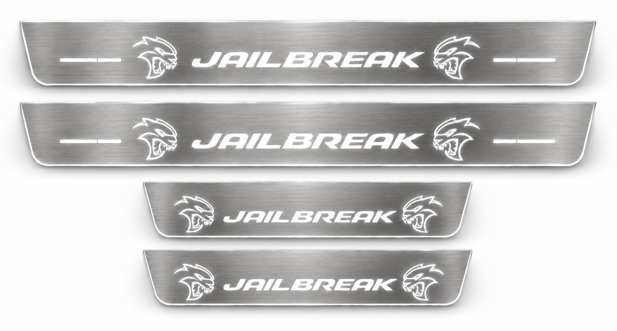 Jailbreak brushed stainless LED door sill set, white illumination, white background.