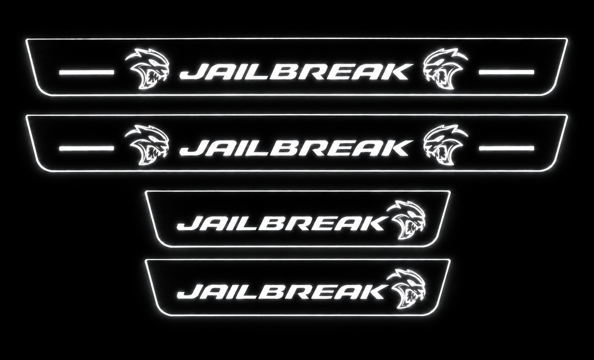 Jailbreak door sills in darkness with white illuminated lettering and edge lighting.