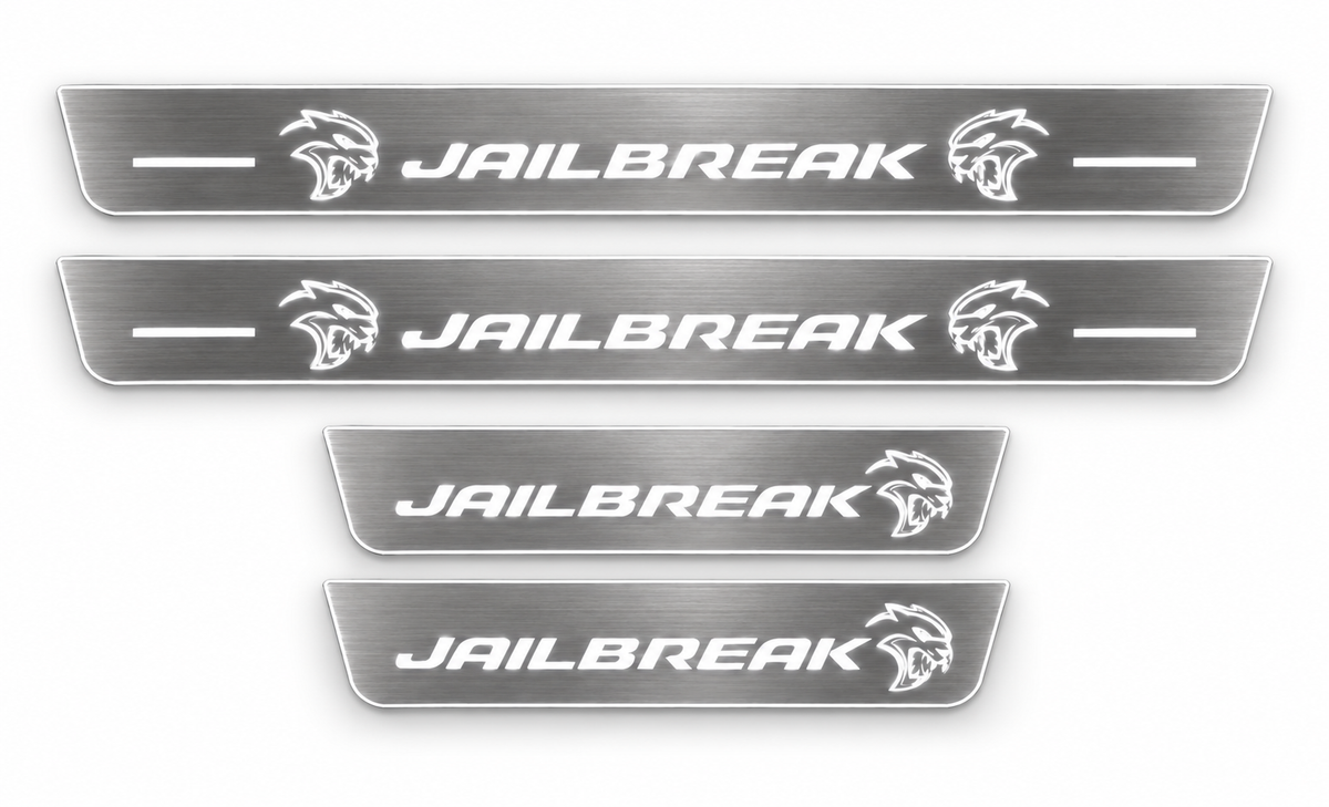 Jailbreak brushed stainless LED door sill set, white illumination, white background.