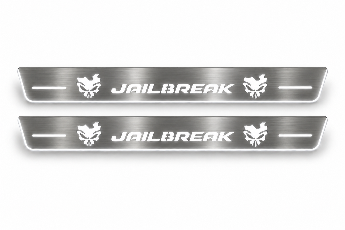 Product visualization: matching exact two long flat brushed Stainless JAILBREAK skull Front plates on white, original artwork/outline preserved; not an installation photograph.
