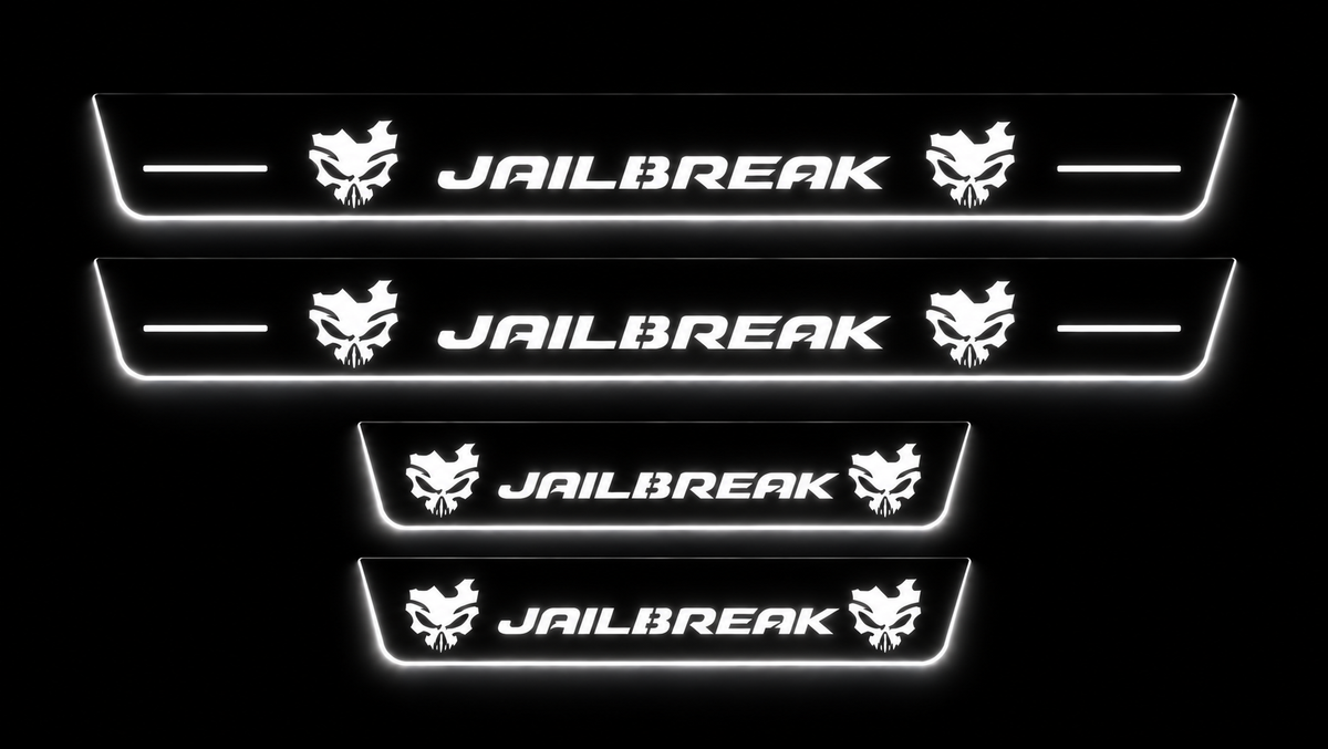 Four JAILBREAK door sills with twin skulls, white LED lettering and glowing side and lower edges on black.