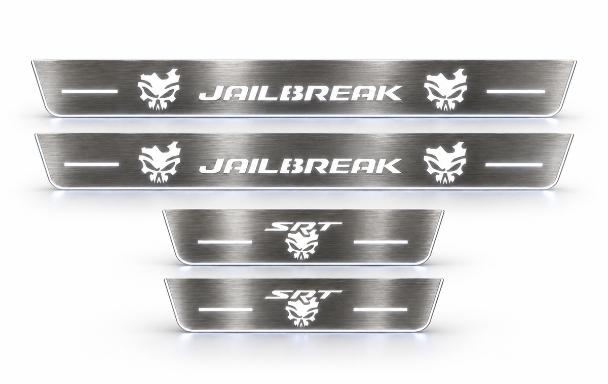 Jailbreak front and SRT skull rear stainless LED door sills, white illumination on white background.
