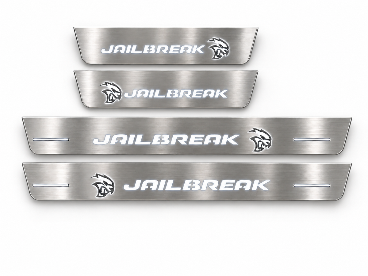 JAILBREAK Stainless four-piece kit: two long and two short LED door sills in daylight studio visualization.