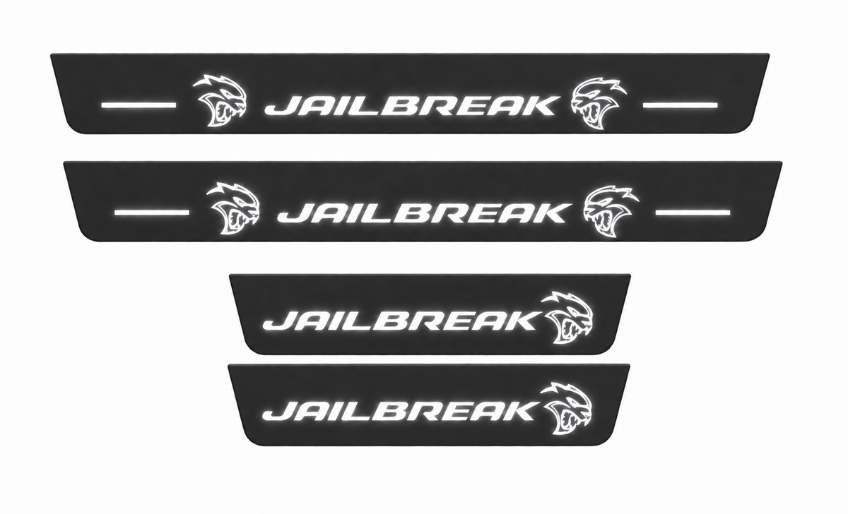 JAILBREAK Type 2 Matte PRO full set, two long and two short black matte plates on white with continuous white bars and original Hellcat artwork