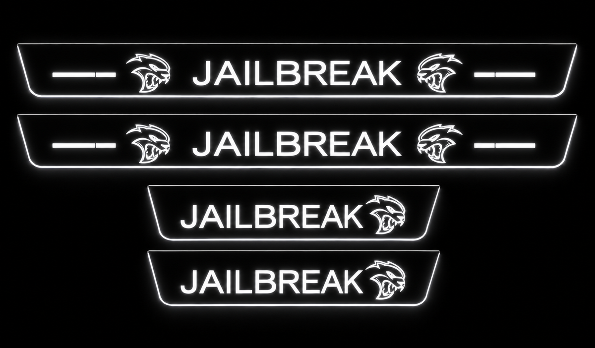 Jailbreak door sills in darkness with white illuminated lettering and edge lighting.