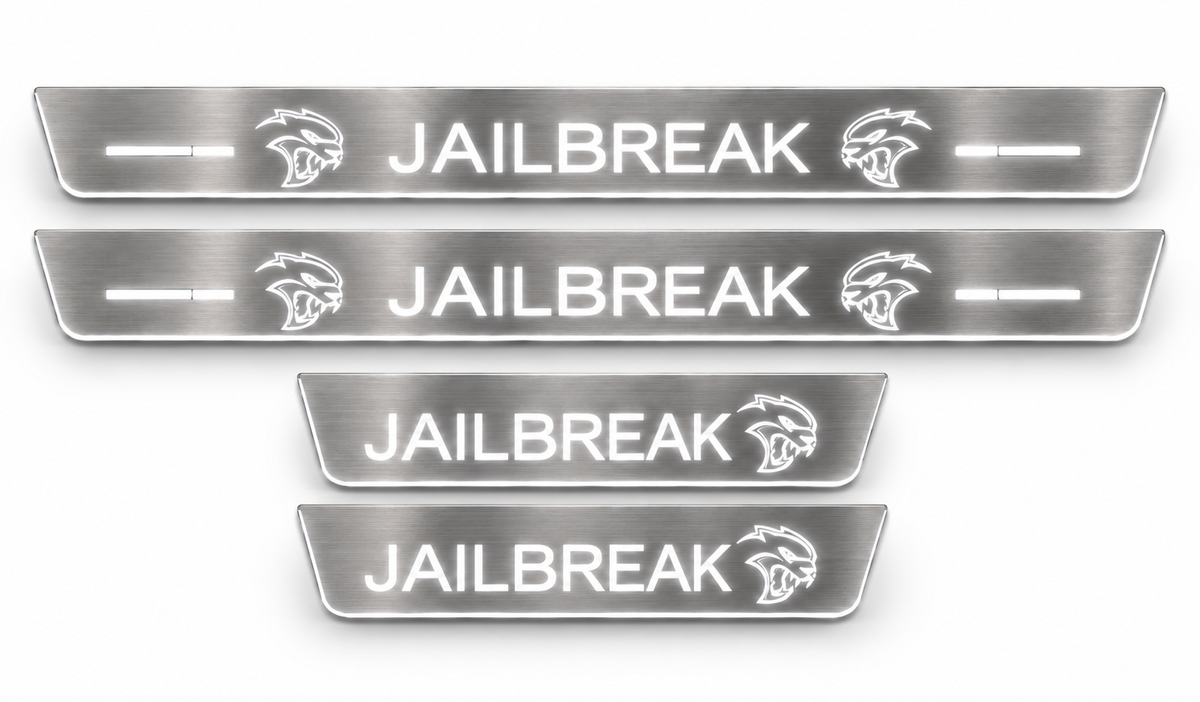 Jailbreak brushed stainless LED door sill set, white illumination, white background.