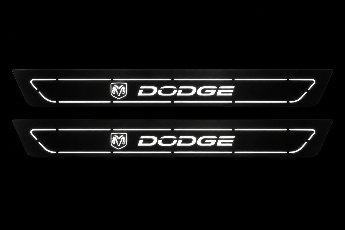 Two DODGE Logo Matte PRO Front door sill plates;exact source silhouette and artwork,white inset LED design,unlit physical edges.