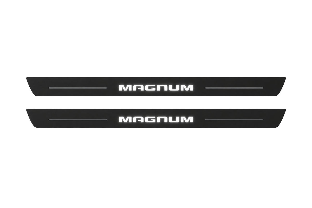 Catalogue illustration of two front black Matte PRO LED door sill plates with illuminated Magnum lettering for Dodge Magnum; dimensions are selected during manufacture.