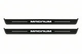 Catalogue illustration of two front black Matte PRO LED door sill plates with illuminated Magnum lettering for Dodge Magnum; dimensions are selected during manufacture.