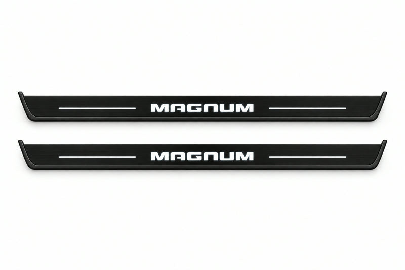 Catalogue illustration of two front black Matte PRO LED door sill plates with illuminated Magnum lettering for Dodge Magnum; dimensions are selected during manufacture.